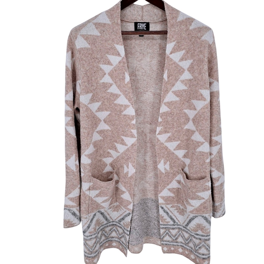 Frye Womens Southwestern Geometric Open Front Cardigan Sweater‎ Tan Grey Medium